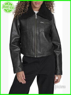Faux Leather Aviator Jacket with Quilted Lining and Pockets